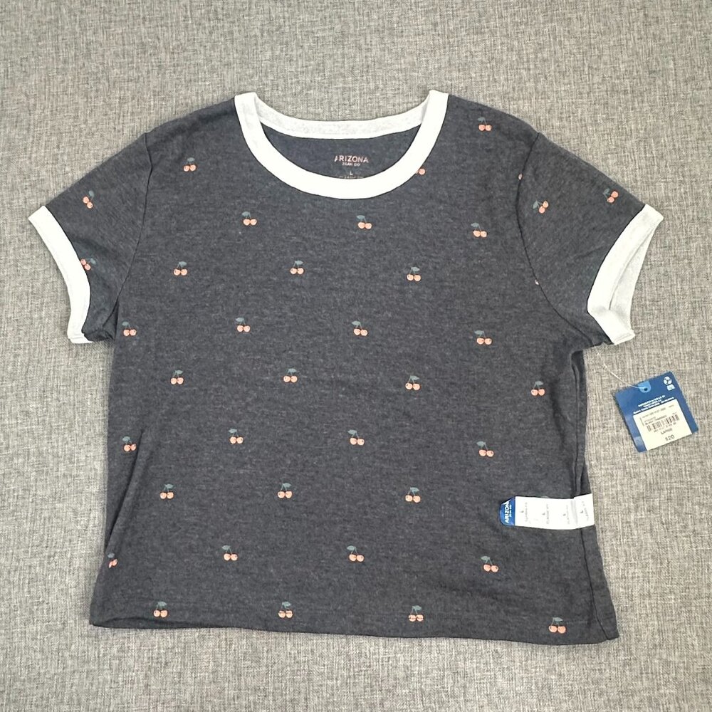 New Arizona Shirt Cherries Gray Short Sleeve Round Neck JuniorsL $20 White Trim